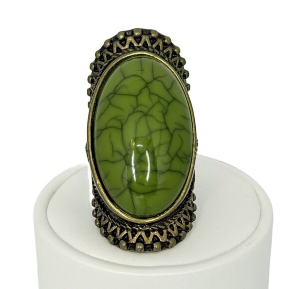 Green Glass Full Finger Brass Ring 6.5 Bohemian Ethnic Boho Chic - Picture 1 of 16